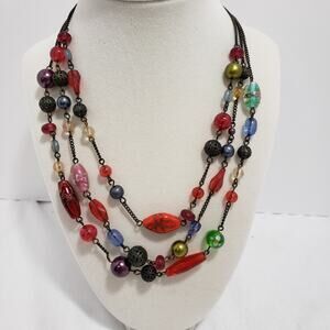 Vintage Avon Necklace 3 Strand Art Glass Beaded Colorful Boho